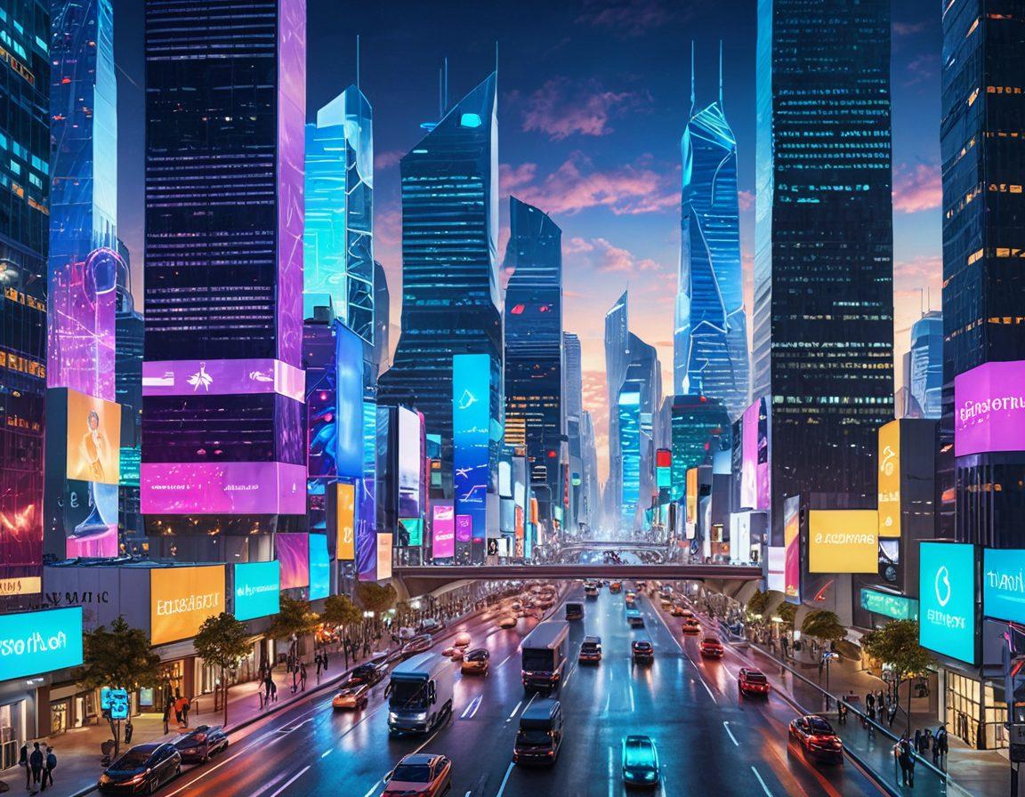 A futuristic digital landscape showcasing various insurance technologies, such as AI chatbots, blockchain networks, and personalized user interfaces. Include diverse individuals engaged in using these services on their devices, displaying empowerment and choice. The background should exhibit a blend of urban and digital elements, symbolizing innovation. Use vibrant colors to convey a sense of optimism and advancement. super-realistic. vibrant colors. dynamic composition.